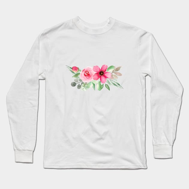 Red and Pink Florals  | Watercolor | Pattern | White Long Sleeve T-Shirt by Harpleydesign